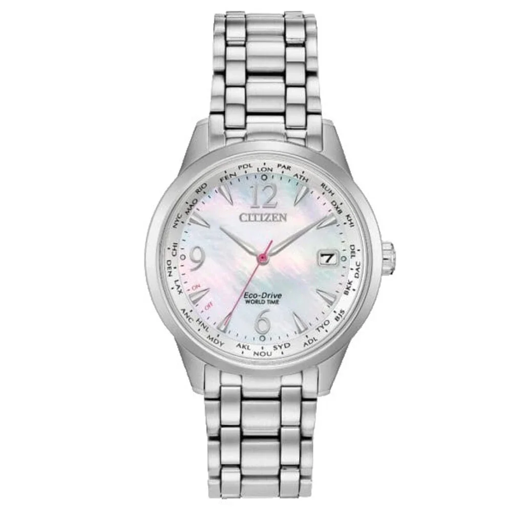 CITIZEN WORLD TIME FC8000-55D WHITE DIAL SILVER BRACELET 36MM WOMENS WATCH